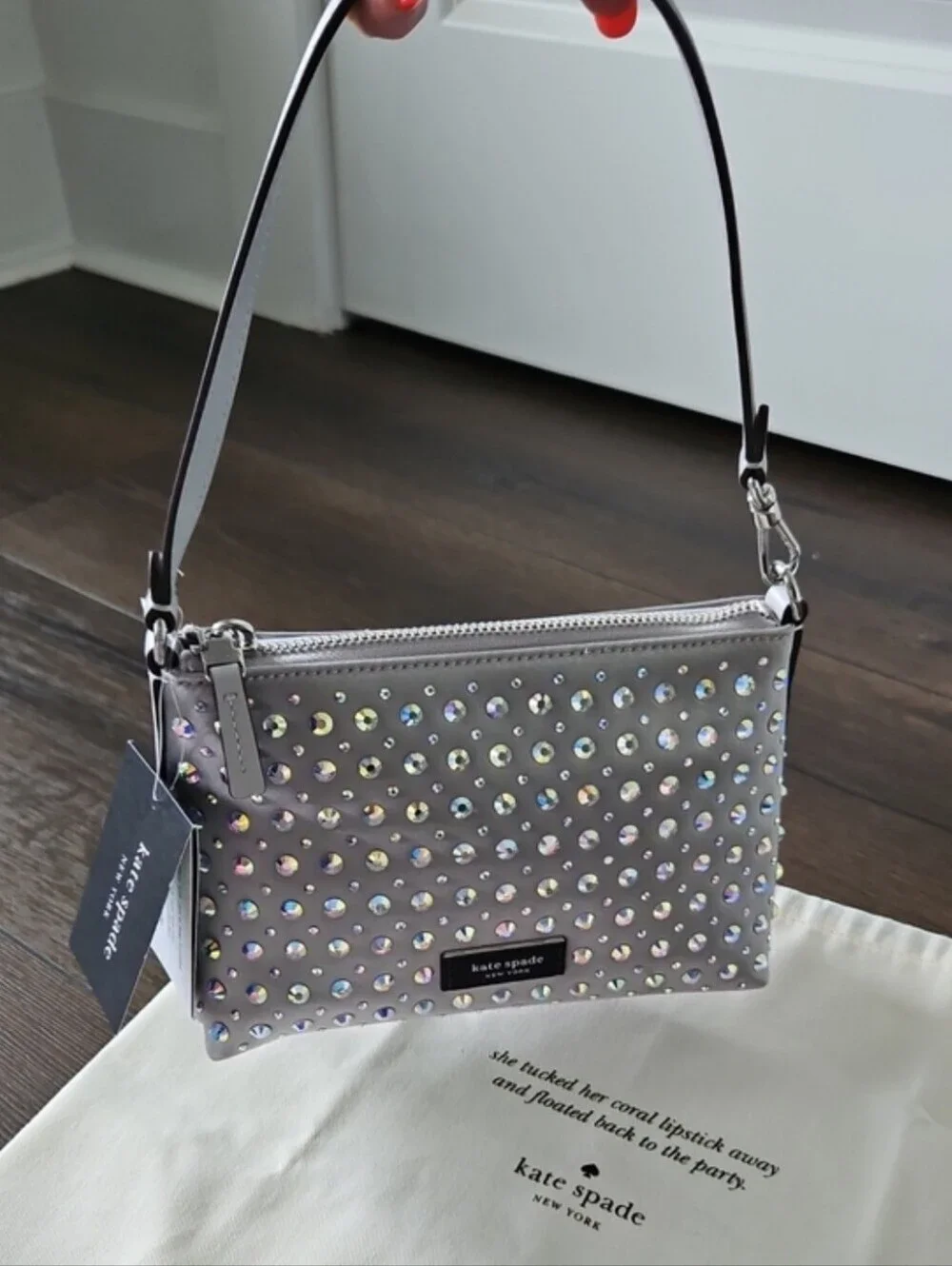 NWT Kate Spade Silver Lulu Crystal Embellished East West Pochette + Dusty